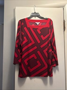 Liz Claiborne Red Geometric Square-Neck Long Sleeve Top